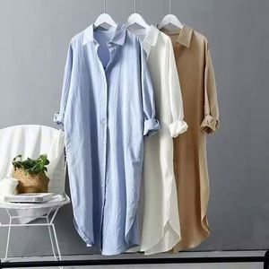Robe chemise décontractée pour femme en coton et lin, unie, respirante, style vintage, coupe ample, col montant, tricotée, à simple boutonnage, manches longues - Product Image 1