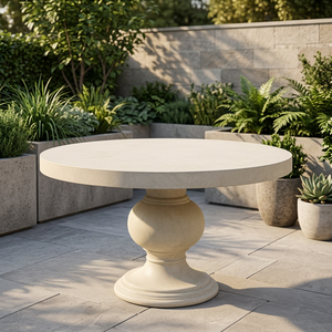 Table de salle à manger classique ronde en béton style grossiste, finition grès lisse, base sculpturale pour usage extérieur, villas - Product Image 1