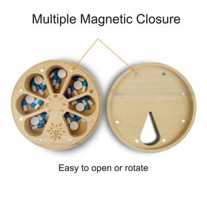 Wood Handmade <b>Pill</b> Box Portable Natural Color Round <b>Pill</b> Box Magnetic Design Wooden <b>Weekly</b> <b>Pill</b> <b>Organizer</b> with Velvet Pouch - Product Image 3