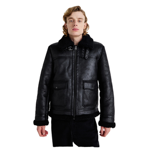 Men's Genuine <b>Leather</b> Bomber <b>Jacket</b> With Faux Fur Lining Zipper Closure Windproof <b>Winter</b> Moto Style Regular Fit - Product Image 2