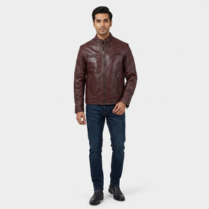 Autumn Spring <b>Men's</b> 100% Cowhide <b>Leather</b> Varsity <b>Jacket</b> with Stand Collar Hooded Design Logo on Front Vintage Style - Product Image 1