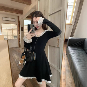 Lace Trimmed Color Blocked Hooded Long Sleeve Dress For Women Autumn Winter 2025 Elegant Fashionable Slim Fit Short Skirt Daily - Product Image 3