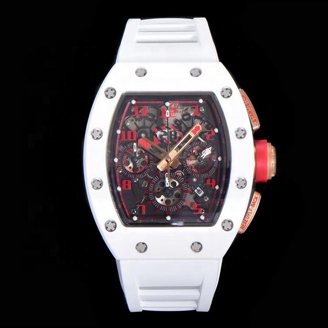 2026 Tonneau Skeleton Mechanical Watch White Ceramic Case Flyback Chronograph Red Black Dial White Rubber Strap Sports Men Watch
