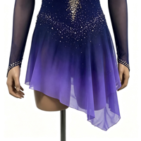 Robe de patinage artistique dégradé violet marine, manches longues en maille, col illusion, strass, jupe asymétrique pour adultes et enfants