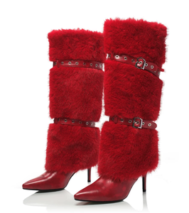 Nouvelles Bottes <span class=keywords><strong>Femme</strong></span> Hiver-Été au-dessus du Genou, Fermeture Éclair, <span class=keywords><strong>Talon</strong></span> Aiguille Super Haut, Dessus en Fourrure Moelleuse, Bout Pointu, Tendance - Product Image 3