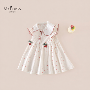 Vestido de Algodón para Bebés y Niñas Pequeñas con Cuello <span class=keywords><strong>Peter</strong></span> <span class=keywords><strong>Pan</strong></span> y Botones Rojos, Estampado Micro Personalizado con Logotipo, para Fiestas Navideñas, de 6 Meses a 5 Años, Venta al Por Mayor - Product Image 1