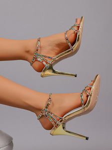 Sandales à talons aiguilles dorées pour femme, multicolores, avec strass, bride cheville, bout ouvert, pour mariage et soirée - Product Image 6