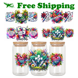 Vinilo Adhesivo UV DTF para Vasos de 16oz Libbey con Diseño Floral de Acuarela 'Enfermera Bendecida' y Estetoscopio, Impermeable, para el Sector Médico y Sanitario - Product Image 1