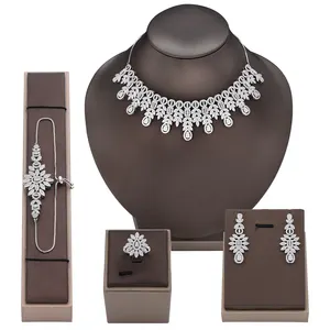 Dubai Pendant Necklace Earrings Sets Zircon Cubic American Diamond Jewellery Custom Wedding Bridal Jewelry Set