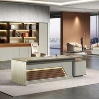 Bureau de direction moderne en forme de L avec bords incurvés, table de bureau de luxe pour patron avec tiroir et armoire pour espace de travail