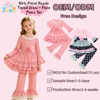 Ensemble de vêtements 2 pièces personnalisable pour fillettes : Robe à manches longues avec col en dentelle, applique rose et volants superposés, et leggings évasés à ourlet en dentelle