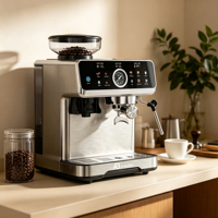 Máquina de Café Espresso Semi-Automática Profesional Anbo, Molinillo Ajustable, Presión de 15/20 Bares, Carcasa de Acero Inoxidable, Uso en Hoteles