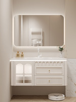 Ensemble de meuble-lavabo mural de style crème avec lavabo en céramique monobloc intégré, armoire de toilette et miroir inclus, finition cuite