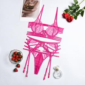 Lingerie sexy pour femmes avec jarretières, lingerie en dentelle transparente, sous-vêtements roses pour femmes, ensemble de 3 pièces - Product Image 6
