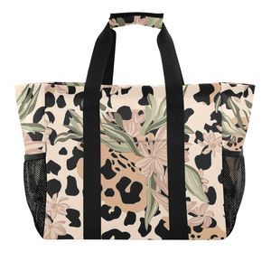 Low MOQ Custom Logo Hawaiian Style Canvas Storage <b>Bag</b> with Handle Large Capacity Front Pocket Leopard Printed <b>Foldable</b> Hand <b>Bag</b> - Product Image 2