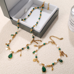 vintage court style titanium steel necklace light luxury high end zircon natural pearl <b>bracelet</b> set niche versatile jewelry - Product Image 5