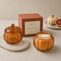 Arovi - Bougie Citrouille de Thanksgiving 430g, Bougie en Verre Citrouille Orange avec Couvercle en Verre, Emballage Cadeau de Luxe pour l'Automne