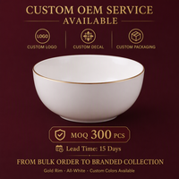 Lot de bols en porcelaine fine avec bord doré, 5 tailles (4-8 pouces), personnalisable OEM pour hôtels, restaurants, mariages et services de traiteur
