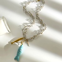 Collier pour femme en acier inoxydable avec pendentif petit poisson en turquoise et chaîne en corde tressée, collier personnalisé pour femme