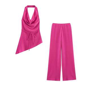 New Women's Hanging Neck Asymmetrical <b>Top</b> With Drapey Pants 2-Piece Set Fashion - Product Image 3
