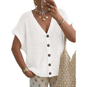 Cárdigan de ganchillo de manga corta para mujer, con cuello en V, abotonado, de punto calado, para playa, top informal de verano - Product Image 1