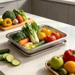 Bandeja de drenaje perforada de acero inoxidable, rectangular, para preparar y servir alimentos, para uso en la cocina. - Product Image 2