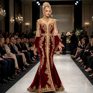 <b>Burgundy</b> Embroidered Floor-Length Traditional Wedding <b>Dress</b> for Women with Gold Detailing - Product Image 1