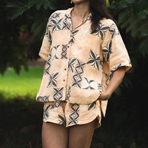 Stylish beach print button-down V-neck shirt and drawstring shorts custom breathable <b>linen</b> shorts two-piece <b>set</b> - Product Image 1