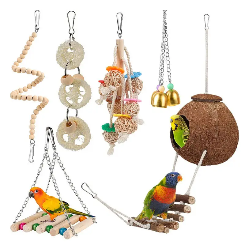 6PCS dừa PET làm tổ chim lồng Swing ROTARY thang Đồ chơi treo chuông Chew Parrot Set đồ chơi