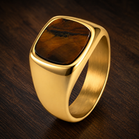 Bague Chevalière JLM Vintage Plaqué Or 18K avec Œil de Tigre, Pierre Naturelle Marron, en Acier Inoxydable pour Homme, Vente en Gros