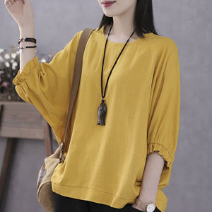 Plus Size Women's Summer Batwing Sleeve Tops O-Neck Three Quarter Sleeve Loose Fit Blouse For Curvy Women Blue White Red Green - Product Image 5