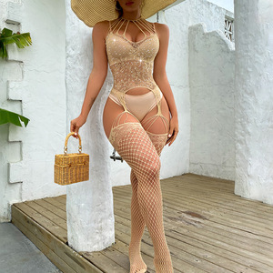 Sexy Bodysuit Open Crotch Lingerie Hollow Out Backless Rhinestone Lingerie Fishnet Bodystocking - Product Image 1