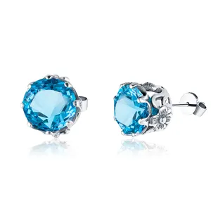Vintage Women Blue Topaz Color Gemstone Christmas Party Pure 925 earrings studs