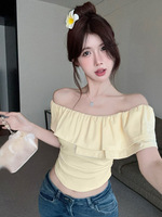 T-shirt court décontracté d'été pour femme, coupe ajustée, épaules dénudées, manches courtes, ourlet à volants, taille froncée