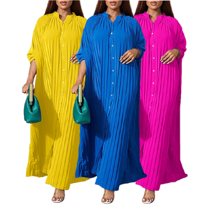 Y7017 Hot-Bán Dài Dresses Phụ Nữ Giản Dị Duy Nhất Ngực Dài Tay Áo Đứng Cổ Áo Pleated Maxi Dress Phụ Nữ Cộng Với Kích Thước Dresses - Product Image 1