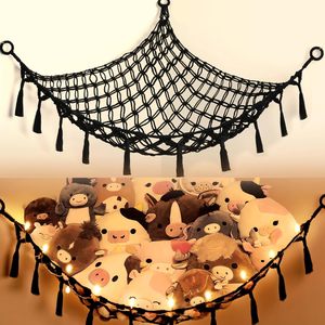Hanging Net <b>Hammock</b> 55x55x72 Inches Black Triangular Stuffed Animal Storage Organizer Boho Tassel Decor - Product Image 1