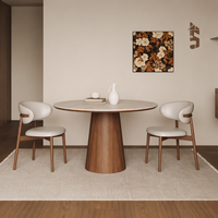 Ensemble table et chaises rondes en pierre style travertin, bois massif couleur noyer, pour maison, balcon, bureau, réunion, petit espace de loisirs