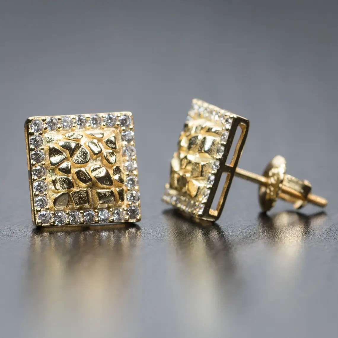 Men's Square Gold Sterling Silver Earrings Hip Hop Nugget Screw Back CZ Stud Earrings Punk Style Iced Jewelry