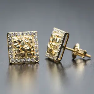 Heren Vierkant Goud Sterling Zilver Oorbellen Hiphop Nugget Schroef Terug Cz Stud Oorbellen Punk Stijl Ijskoud Sieraden