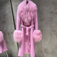 Veste en cuir rose matiné avec col en fourrure, veste en cuir véritable pour femme, longue veste en cuir et fourrure