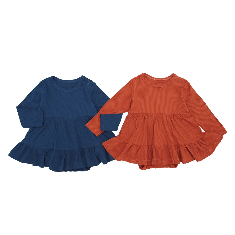 New High Quality Ribbed Bamboo Viscose Long Sleeves Kids Clothing Sofr Button Solid Colors Baby Dress