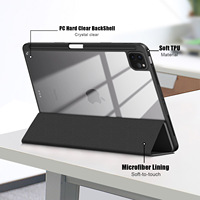 Étui de tablette résistant aux chocs avec support pliable à 3 volets et porte-crayon pour iPad Pro 11 pouces, coque arrière transparente en acrylique