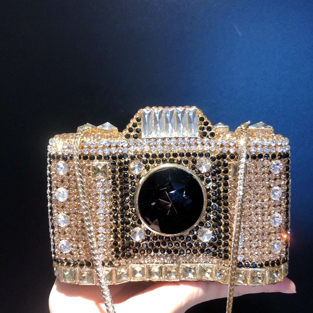 Amiqi MRY87 Wholesale New Arrival Ladies Fashion Camera Clutch Purse Crystal Evening Purse Dinner Party Gold Chain Bag for Women