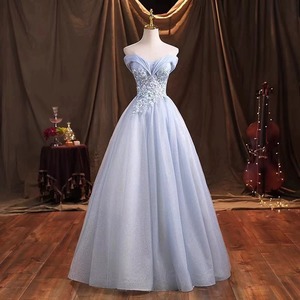 Off The Shoulder Tulle Ball Gown Light Blue Floral Print Empire Waist Evening Dress For Spring Summer Events - Product Image 2