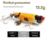 Leurre de pêche artificiel Popper 75mm 13.5g en ABS rigide imprimé, nageur avec paillettes, pour eaux peu profondes, pour la pêche au bar en lac et en rivière, yeux 3D