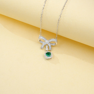 925 Sterling Silver Created <b>Emerald</b> <b>Pendant</b> Necklace, Cushion Cut Halo Lab <b>Emerald</b> Bow Design Fine Jewelry for Women - Product Image 3