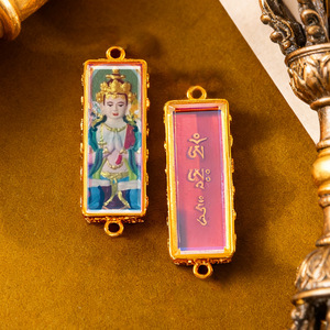 จี้ห้อยคอทังก้าทิเบตวาดด้วยมือสุดหรู ลายเทพเจ้าผู้พิทักษ์ชีวิตทั้งแปด เทพเจ้าห้าองค์ ทาราเขียว มณฑุษรี ทังก้าสองด้าน - Product Image 4