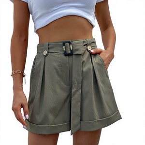 Shorts droits vertes taille mi-haute pour femme avec ceinture, style décontracté européen et américain, respirants et écologiques, pour l'été - Product Image 1