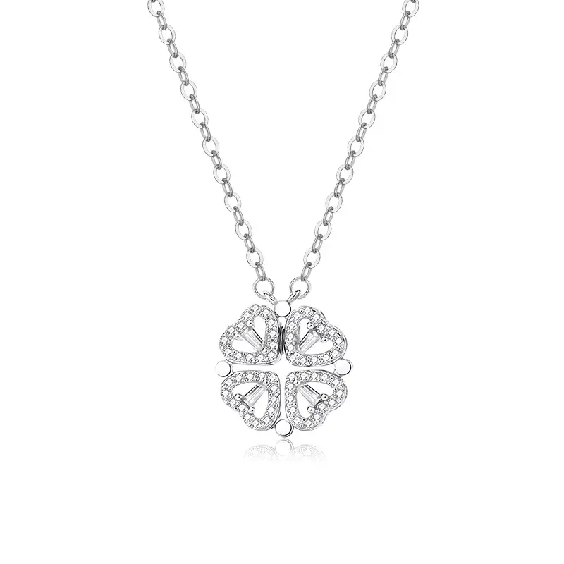 Fashion Trend Four Leaf Clover Pendant Necklace 925 Sterling Silver 4 Love Heart Cubic Zirconia Magnet Charm Necklace for Women