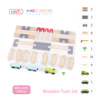 MNTL Ensemble de voies ferrées en bois pour enfants Jouet éducatif pour chemin de fer Piste de course en bois Rampe de course avec 4 mini voitures